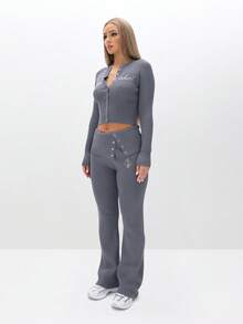 BABYPHAT Pantaloni a zampa con costine e dettagli con bottoni, vita alta, pantaloni larghi da relax - Grigio Scuro - Visualizzare 3