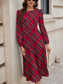 SHEIN Clasi Red Plaid Print Casual Dress, Suitable For Daily Wear And Christmas - Multicolor - View 3
