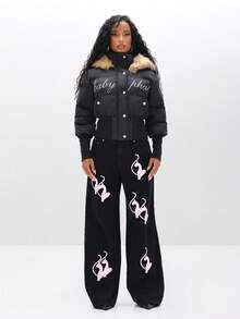 BABYPHAT Cropped Puffer Jacket With Fur Hood Embroidered Winter Coat Quilted Outerwear