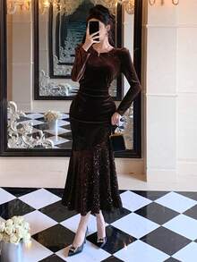 DAZY 法国奢华丝绒亮片美人鱼连衣裙，女士秋冬新款，精致缀饰长裙，新年、圣诞节 - 咖啡 - 查看 6