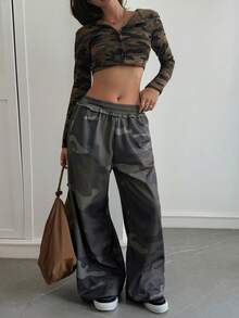 DAZY 女士秋冬迷彩松紧腰宽松阔腿休闲裤 - 軍綠色 - 查看 4