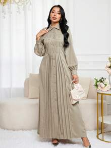 Al Najma 女式优雅简约前扣束腰连衣裙，秋季 - 淺灰色 - 查看 4