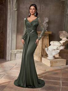 Aureia 优雅奢华装饰纽扣珍珠亮片拼布弹力泳衣针织面料透明袖子褶饰美人鱼裙，适合婚礼、派对、度假、舞会礼服（重度装饰） - 軍綠色 - 查看 8