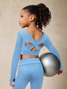 Young Girls Activewear Set, High Stretch Long Sleeve, Criss-Cross Hollow Back Design Sportswear, Back To School, Casual - Blue - View 4