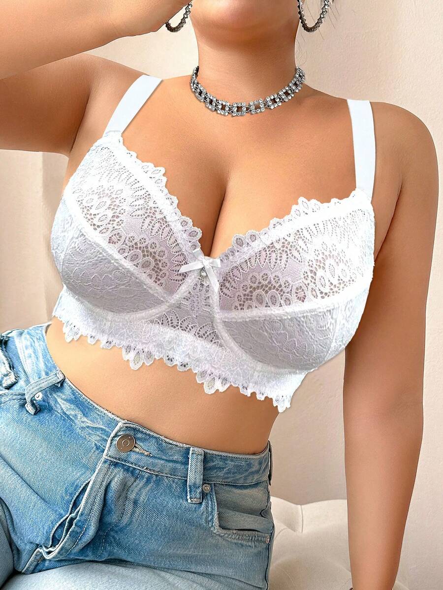SHEIN Esselle 1pc Plus Size Lace Patchwork Underwire Lingerie Bra - White - View 1