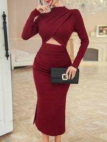 DAZY 女士优雅纯色镂空高领不对称中长连衣裙，秋季红色女士圣诞连衣裙 - 酒紅色 - 查看 3