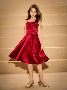 SHEIN Elegant Luxurious Burgundy Red,Summer,Special Occasion Big Tween Girl Bowknot Spaghetti Strap Off-Shoulder Midi Dress,Wedding Flower Girl Party Prom - Burgundy - View 3