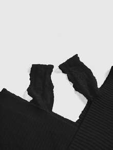 ROMWE Kawaii 1 Set Women Shoulder Strap V-Neck Lace Strap Loose Wide-Leg Pants Comfortable Home Knit Sweater Two Pieces - Black - View 7