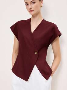 BizChic 2025 Autumn/Winter New Red Asymmetrical Cut Oblique Placket Single-Breasted Metal Button Decor Wide Shoulder Women's Top, Modern Elegant Fashion Business Casual Office Wear, Vintage Chic VersatilAll-Matchic Romantic Suitable For Formal Occasions, Party, Beach, Wedding, Guest, Host, Brunch, Airport, National Day, New Year, Christmas, Thanksgiving, Casual Outerwear Shirt