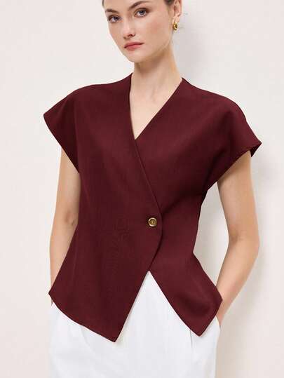BizChic 2025 Autumn/Winter New Red Asymmetrical Cut Oblique Placket Single-Breasted Metal Button Decor Wide Shoulder Women's Top, Modern Elegant Fashion Business Casual Office Wear, Vintage Chic VersatilAll-Matchic Romantic Suitable For Formal Occasions, Party, Beach, Wedding, Guest, Host, Brunch, Airport, National Day, New Year, Christmas, Thanksgiving, Casual Outerwear Shirt