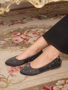 CUCCOO TILAWA Women's Round Toe Rhinestone Embellished Flat Slip-On Shoes - Black - View 6
