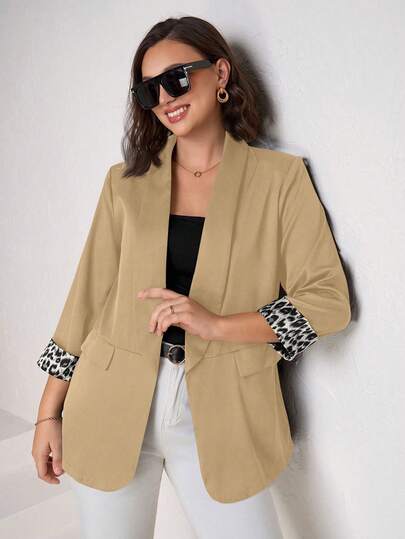 Chikora Leopard Print Plus Size Women's Blazer With Cuff Splicing, Elegant Daily Wear Office Commute In Fall/Winter