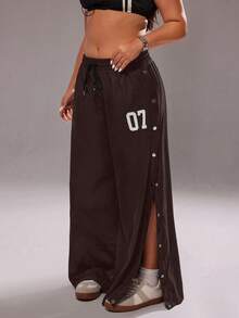 Rustia Damen Große Größen Hose mit Kordelzug in der Taille, lässiger Streetstyle, einfarbig, mit Metallschnalle und Schlitz an der Seite