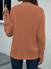 SHEIN LUNE Camiseta de manga larga casual de mujer de unicolor con cuello en V acanalado - Naranja Quemada - Ver 2