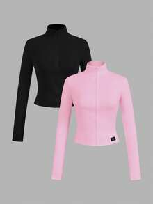 SHEIN EZwear 2 件卡通印花拉链长袖针织 T 恤，粉色和黑色，女款，秋冬 - 彩色 - 查看 11