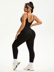 Rhythm Era Plus Size Women Solid Color Camisole Jumpsuit For Daily Fitness & Sports Seamless Workout Jumpsuits Tummy Control Bodysuit