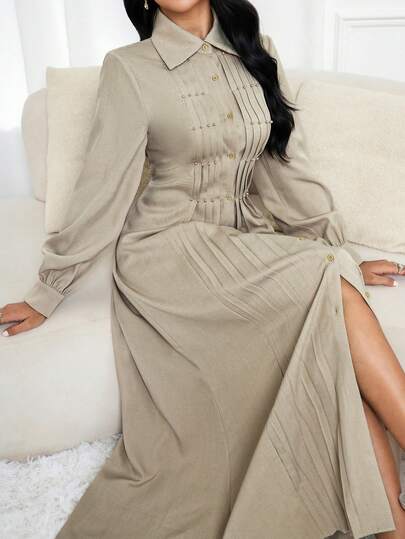 Al Najma Damen elegantes, minimalistisches Kleid mit Knopfverschluss und Taillenzug, Herbst