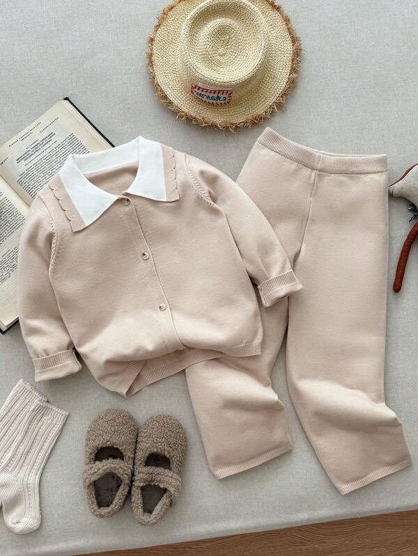 Blossori Conjunto de cardigan de punto con botones y cuello de color block y pantalones de punto elegante francés para niñas jóvenes