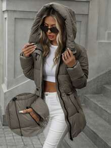 Aveloria Modichic 时尚休闲可调节腰部绗缝中长款连帽加厚棉服外套女士冬季服装