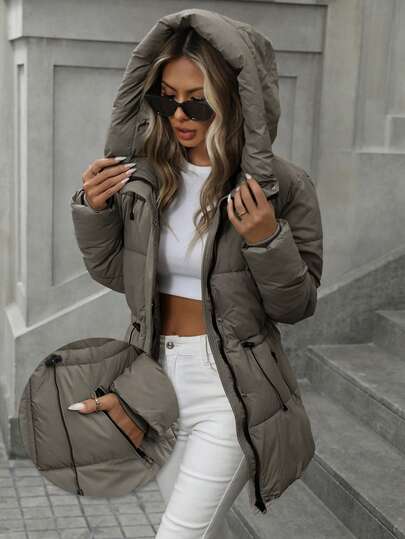 Aveloria Modichic Abrigo acolchado con capucha de longitud media, ajustable en la cintura, de moda y casual para mujer en invierno