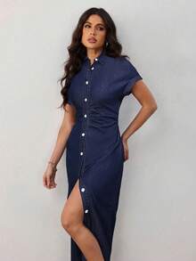 SHEIN Lady Women's Solid Color Short Sleeve Single-Breasted Shirt Style Denim Dress Long Dress With Slit Button Dress Blue Jean Dress Women Split Dress Denim Maxi Dress - Dark Wash - View 6