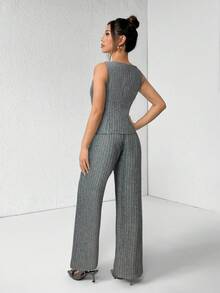 SHEIN PETITE 女款灰色條紋背心與長褲套裝，夏季休閒單排扣圓領兩件式西裝，優雅商務辦公通勤老錢風，適合嬌小女性 - 黑與白 - 查看 2