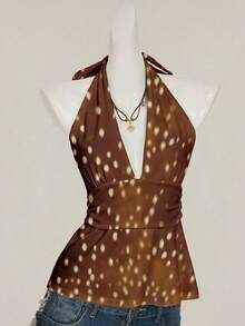 SHEIN ICON 露背深 V 领锯齿形 A 字形露背复古棕色波尔卡圆点晕染图案，露背吊带背心，性感女士俱乐部服装，适合 2K、垃圾摇滚、哥特赛博朋克和美学风格 - 彩色 - 查看 5