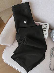 Elamini 女式休闲百搭户外白色刺绣长款系带针织毛衣裤 - 黑色 - 查看 5