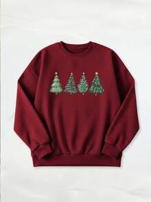 INAWLY 圣诞树图案印花时尚简约女式常规圆领羊毛长袖运动衫，送给朋友的礼物，秋冬 - 酒紅色 - 查看 3