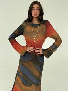 Aloruh Women's Elegant Ombre Flare Sleeve Fitted Mermaid Hem Dress, Vacation Style, Spring/Autumn - Multicolor - View 2