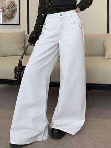DAZY Quần jeans ống rộng khoét lỗ kim loại thời trang đường phố dành cho nữ, mùa thu - trắng - Xem 8