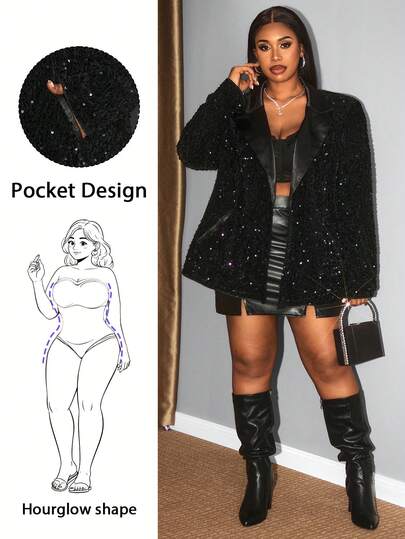 Hourglow Plus Size Casual Sequin Decor Lapel Long Sleeve Shiny Blazer, Winter, For Hourglass Body Shape/Valentine's Day