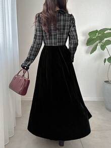 FRIFUL 女式优雅格子拼布纽扣连衣裙，秋季 - 黑色 - 查看 2