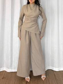 Modelyn Women's Solid Color Long Sleeve Cinched Waist Asymmetrical Hem 2 Pieces Set Two Piece Women Sets Pants Wide Leg Pants Set Modest Two Piece Set 2 Piece Casual Sets Woman Comfortable Two Piece Set