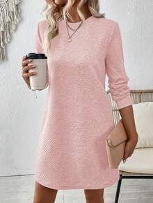 SHEIN LUNE 秋季纯色长袖休闲日常连衣裙 - 淺粉色 - 查看 3