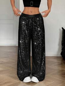 SHEIN Teen Girls' Loose Fit Sparkly Sequin Black Pants, Stylish Design For Casual Everyday Wear, Suitable For Any Occasion Black Wide Leg Pants Y2k Sequin Pants Wide Leg Sequin Pants Sequin Pants Black Sequin Pants Fall Winter