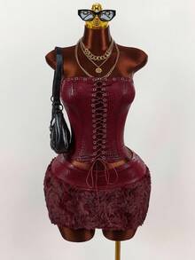 Amplova طقم ملابس علوية كورسيه بنمط جلد التمساح الصناعي وتنورة ضيقة فرائية قصيرة، مثير مكون من قطعتين للنساء - احمر خشبي - مشاهدة 4