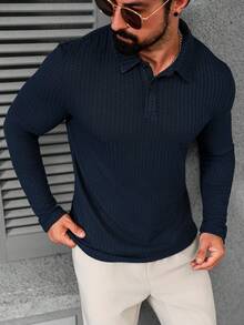 Manfinity Homme Men's Solid Color Ribbed Long Sleeve Polo Shirt,Navy Blue Autumn Casual Hiking Buttoned Knitted Tops - Blue - View 6