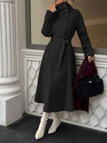 Xyvia Autumn And Winter Women's Casual High-Neck Button Belt Long Woolen Coat, Old Money Style Women's Clothing/Women's Office Wear/Outing Wear, Women's Autumn Clothing - Black - View 3