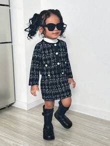 SHEIN 女婴格子长袖单排扣夹克和裙子休闲装，秋冬 - 黑與白 - 查看 7