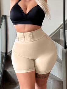 SHEIN 1pc Women Seamless High Waist Shaping Shorts, Solid Color Tummy Control Shapewear With Waist Cincher - Apricot - View 6