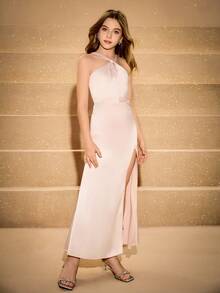 Tween Girl' 优雅奢华杏色露背长款修身连衣裙，适合度假、婚礼、花童、舞会、生日派对、圣诞节、万圣节、毕业典礼、返校等场合 - 杏色 - 查看 4