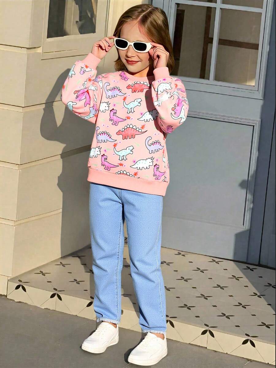 Elladie kids Young Girl Cute Dinosaur Pattern Printed Long Sleeve Sweatshirt For Autumn And Winter - Multicolor - View 1