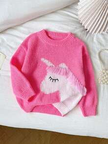 Crew Neck Pink Pullover Knit Sweater, Unicorn Pattern, 3D Design, Cute & Fun, Suitable For Home, Outdoor, Party Occasions Autumn Winter ClotGirlor Women