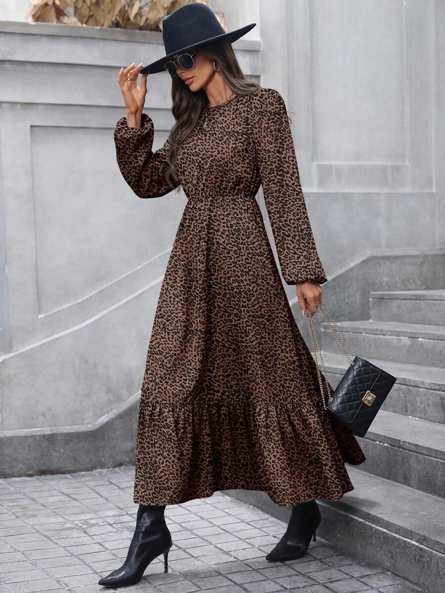 SHEIN LUNE فستان طويل أنيق للنساء بطبعة نمر على الياقة والأكمام الواسعة والذيل المتدرج، بتصميم خط A، مناسب للاستخدام اليومي والعمل، للخريف والشتاء