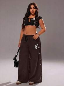 Rustia Damen Große Größen Hose mit Kordelzug in der Taille, lässiger Streetstyle, einfarbig, mit Metallschnalle und Schlitz an der Seite