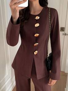 Elyressa 2pcs Women's Elegant Casual Commute French Street Metal Decor Button Apricot Set - Coffee Brown - View 8