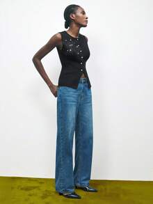 Maija 女士串珠设计圆领单排扣无袖针织上衣黑色水钻装饰上衣女士上衣黑色背心女士，女士冬季毛衣，冬季，秋季女士，万圣节服装，万圣节角色扮演，蜘蛛管状串珠刺绣，派对，派对上衣，亮片毛衣，黑色 - 黑色 - 查看 8