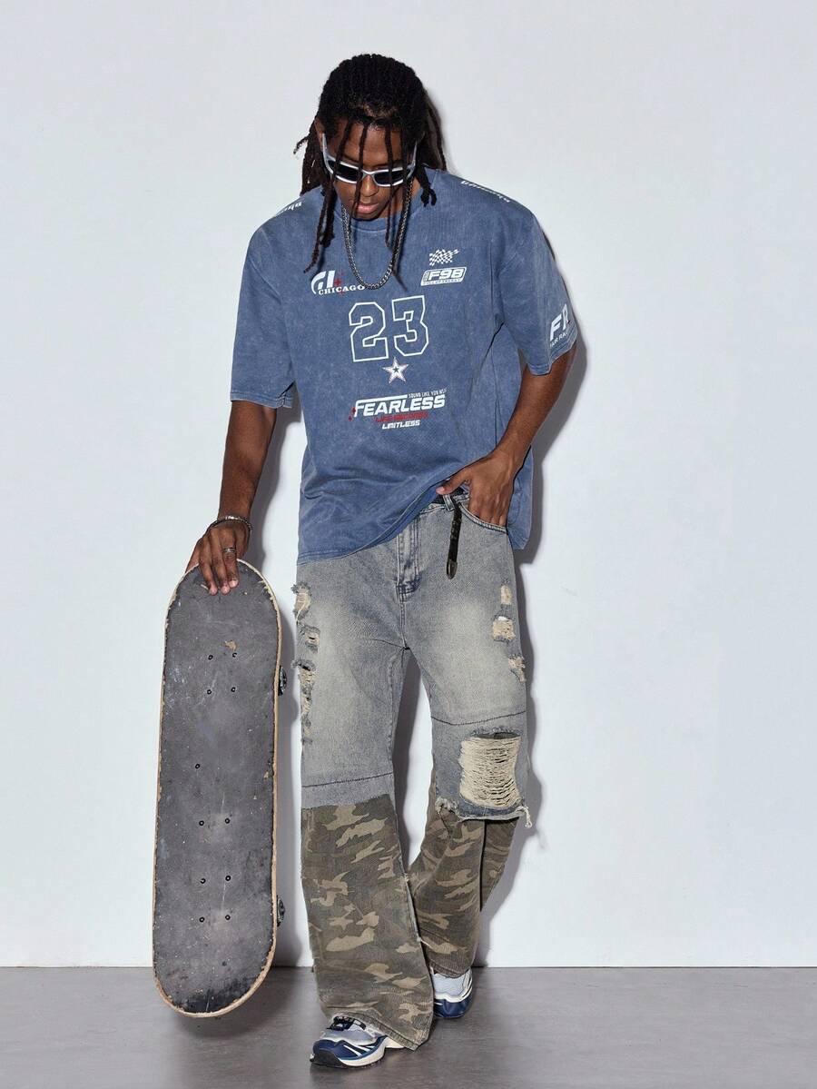 Modcrash 男士水洗复古休闲简约芝加哥23号星形印花短袖T恤，带有赛车元素，适合日常穿着，春夏款 - 藍色 - 查看 1