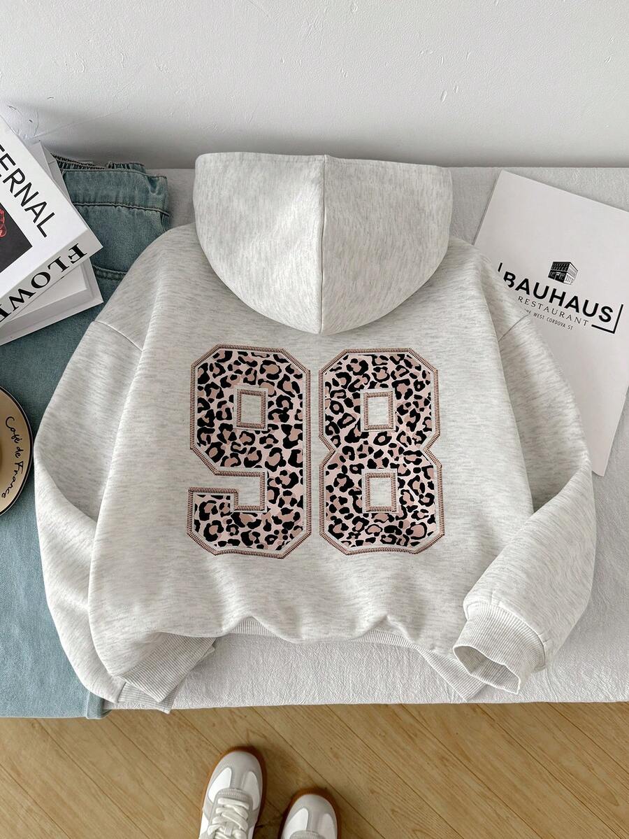 SHEIN Moletom com Capuz Digital Estampa de Onça para Meninas Pré-Adolescentes Voltar às Aulas, Novo, Solto, Confortável, Moda Casual Versátil, Streetwear Felpudo e Grosso